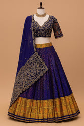 Blue Silk Traditional Pleated Patola Print Lehenga with Scallop Dupatta